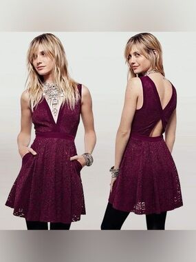 Free People Lovely In Lace Berry dress Fit Flare Cut Out burgundy V-neck mini M